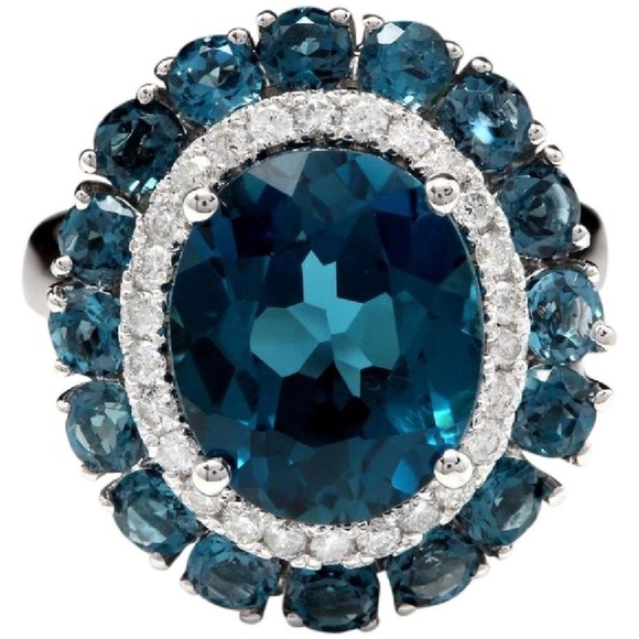 8.45Ct London Blue Topaz & Diamond 14KW Gold Ring